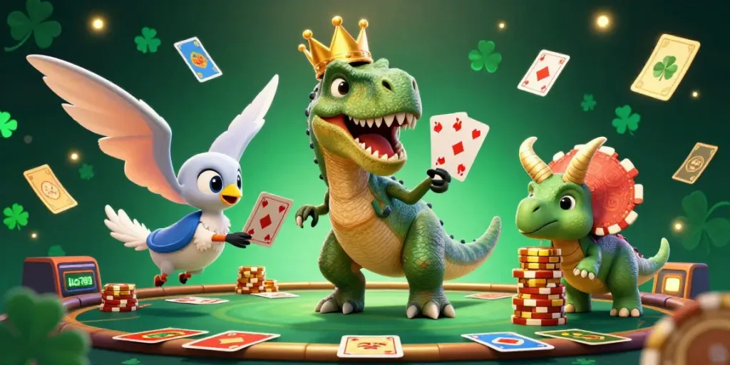 Alo789 showcases a lively 3D scene with T-Rex shuffling cards, symbolizing epic gambling adventures.