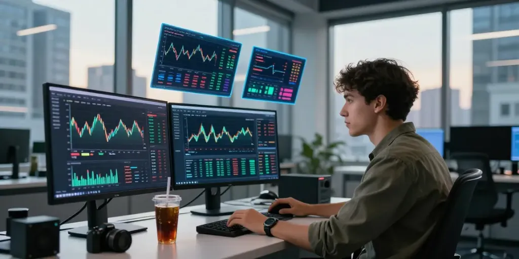 Futurista entorno de trading de Phuwerte Inwersowia con profesional analizando criptomonedas.