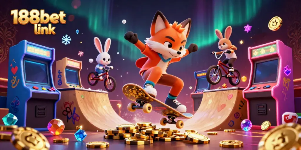 Experience the excitement with the vibrant 188bet link scene featuring cartoon characters and casino elements.
