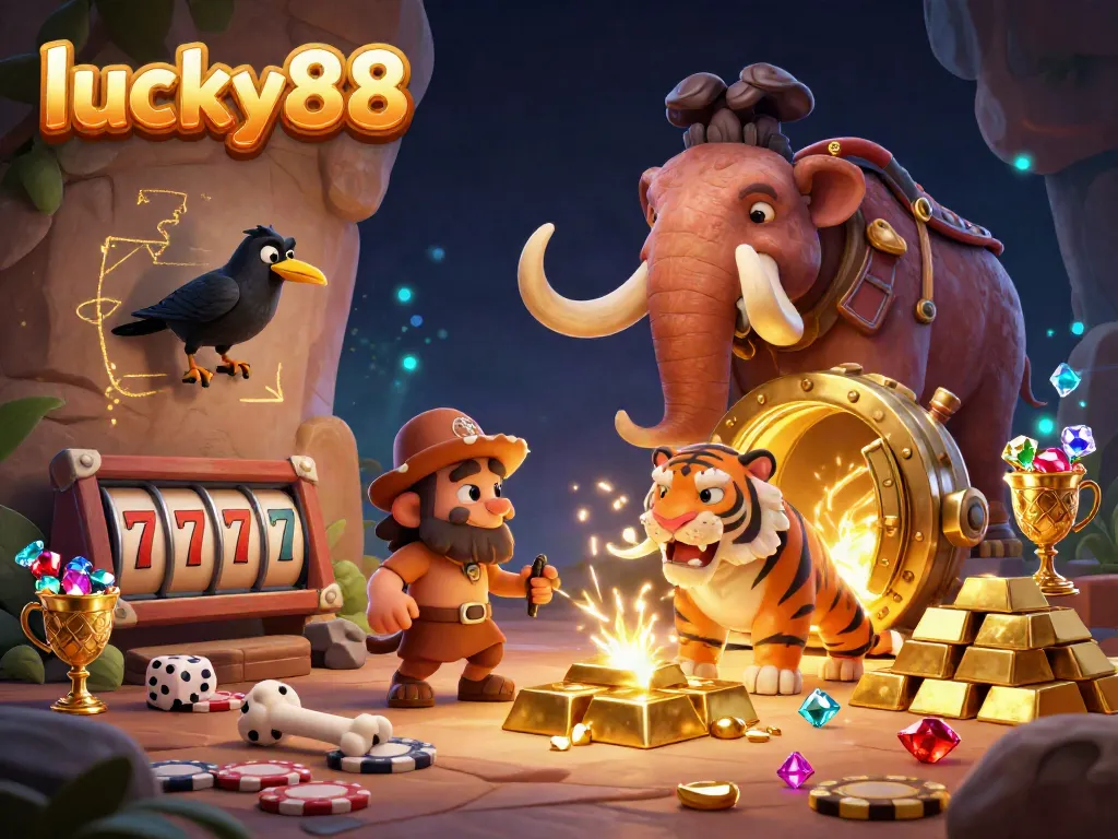 Experience thrilling luck at the lucky88 casino with vibrant slots and treasures in this dynamic illustration.