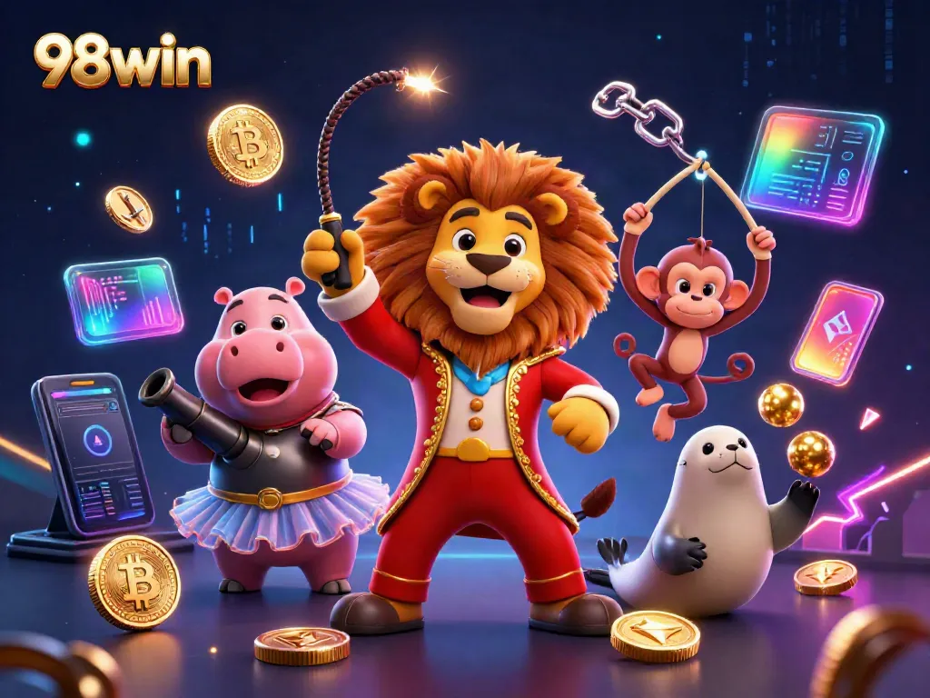 Engage with 98win's spectacular casino experience featuring colorful characters and dynamic elements in a vibrant scene.