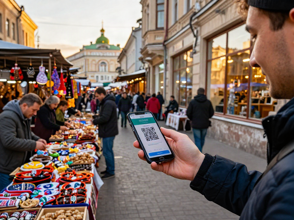 Pago en Rusia a través de https://payinrussia.com/ en un mercado local lleno de colores y vendedores.