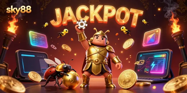 Celebrate a jackpot win at sky88 with 3D beetles and crypto elements in a dynamic casino scene.