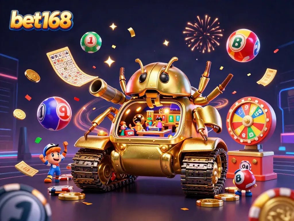 Experience excitement at bet168 with a 3D casino illustration showcasing vibrant lottery balls and a golden beetle casino tank.