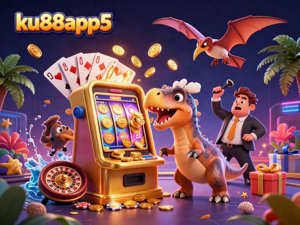 ku88app5 casino illustration featuring a dinosaur winning jackpot coins at a slot machine