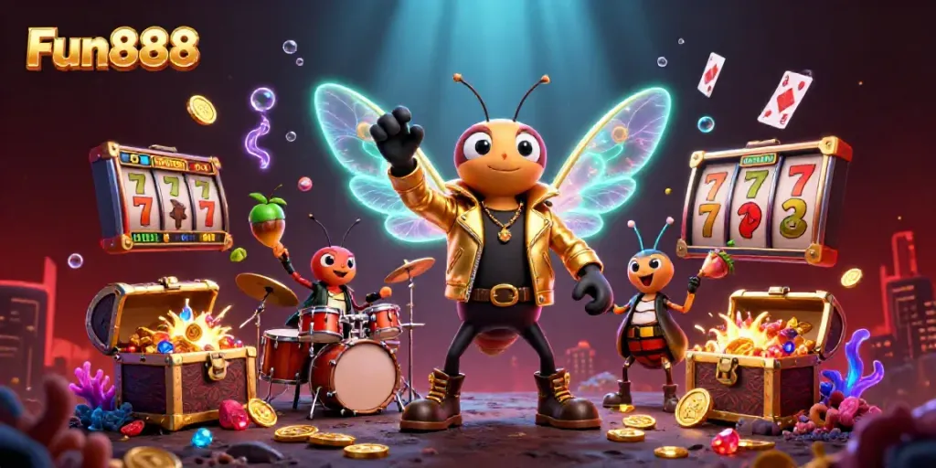 Engage with the vibrant Fun888 online casino scene featuring a cicada rock star and slot game elements.
