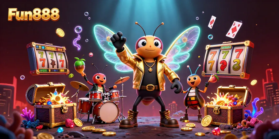 Engage with the vibrant Fun888 online casino scene featuring a cicada rock star and slot game elements.