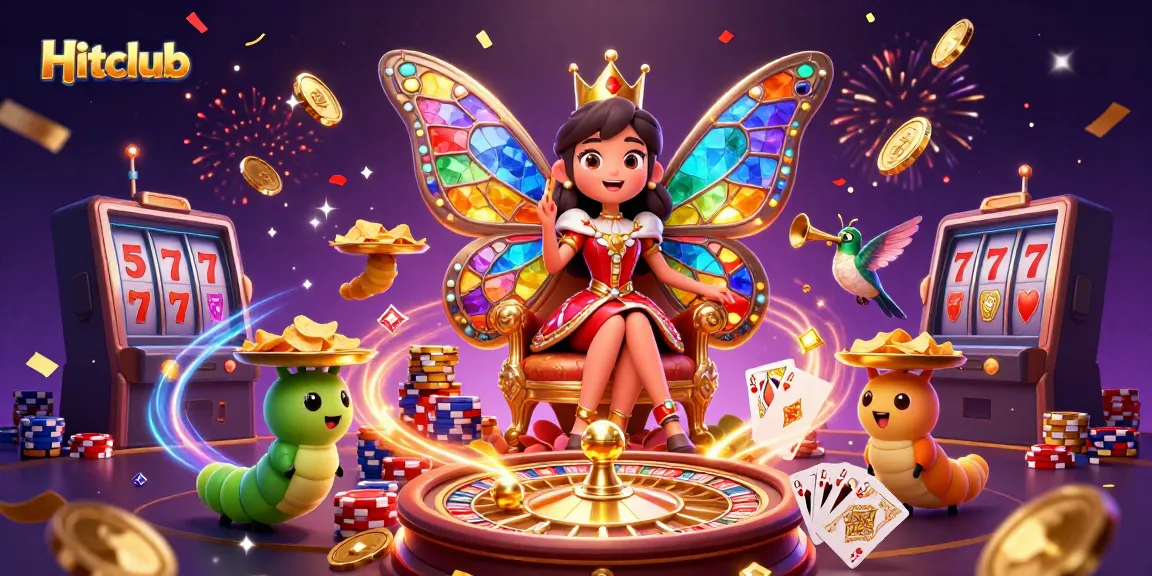 Hitclub's enchanting butterfly queen reigns over a vibrant casino, surrounded by golden chips and joyous celebration.