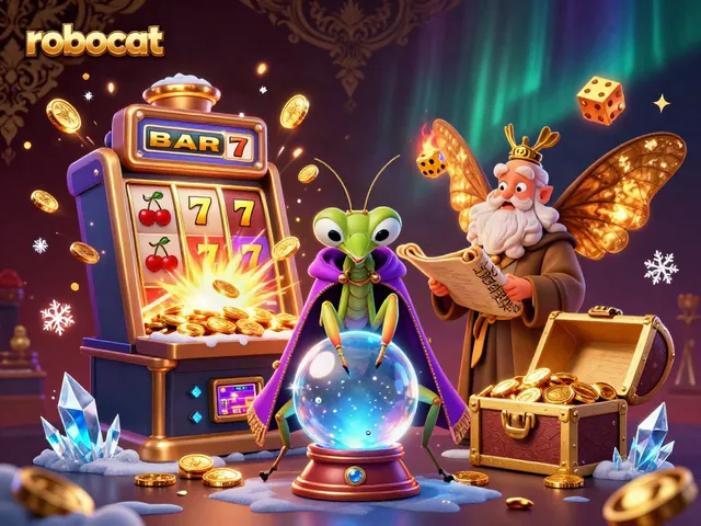 Experience the thrill of robocat slots with vibrant visuals and rich casino elements in this 3D illustration.