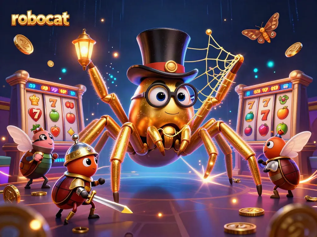 Robocat animation depicts a daring beetle knight approaching a golden tarantula in a vibrant casino setting.