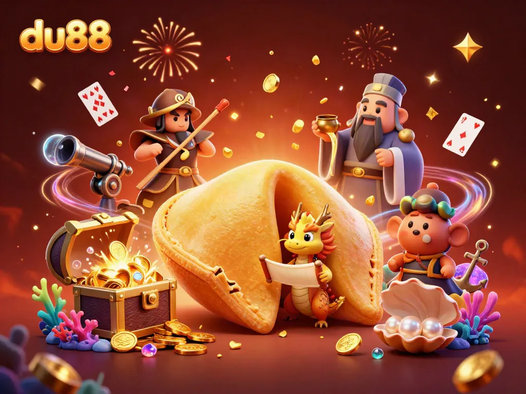 Experience exciting action at du88 with a fortune cookie dragon amidst treasures and casino elements.