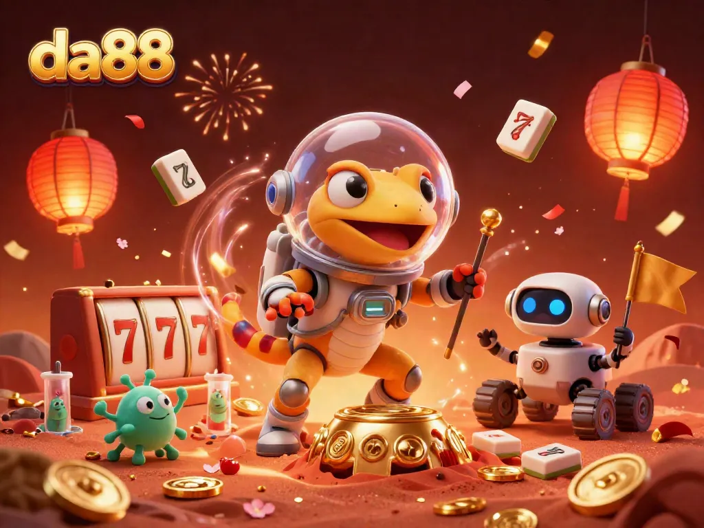 Experience excitement at da88 with a Martian gecko and casino elements in a vibrant celebration.