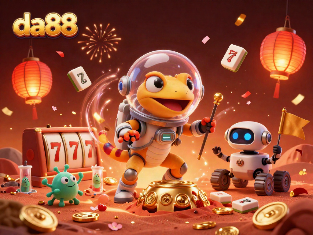 Experience excitement at da88 with a Martian gecko and casino elements in a vibrant celebration.