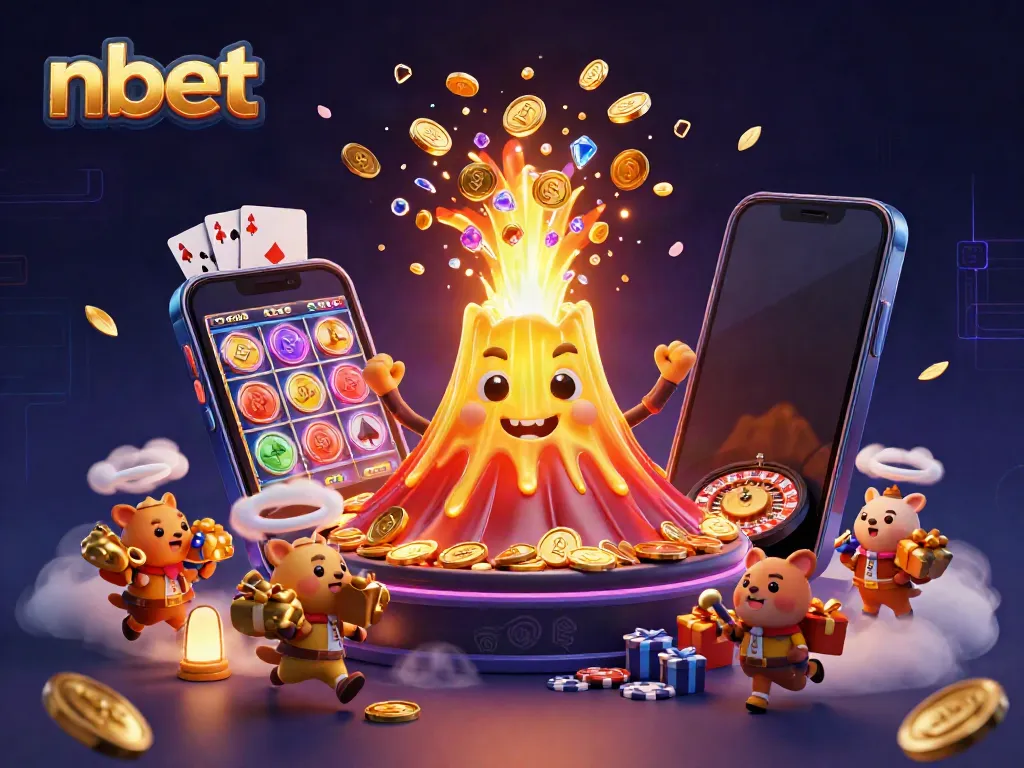 Experience the thrill of nbet casino with a vibrant scene of treasures and games erupting from a magical volcano.