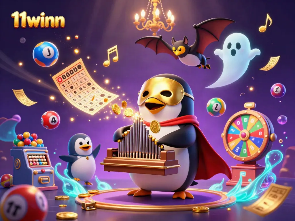 Experience the thrilling action of 11winn casino as a penguin plays magical tunes releasing golden coins.
