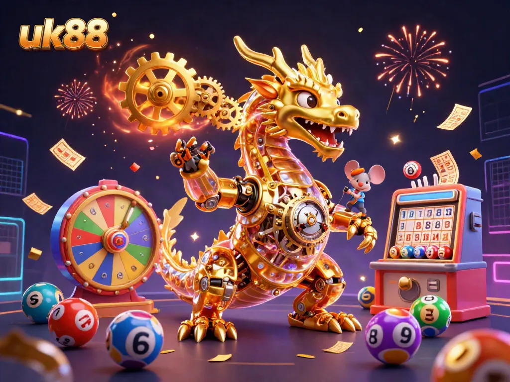 Experience thrilling casino action at uk88 with a golden dragon and lottery elements in a vibrant scene.