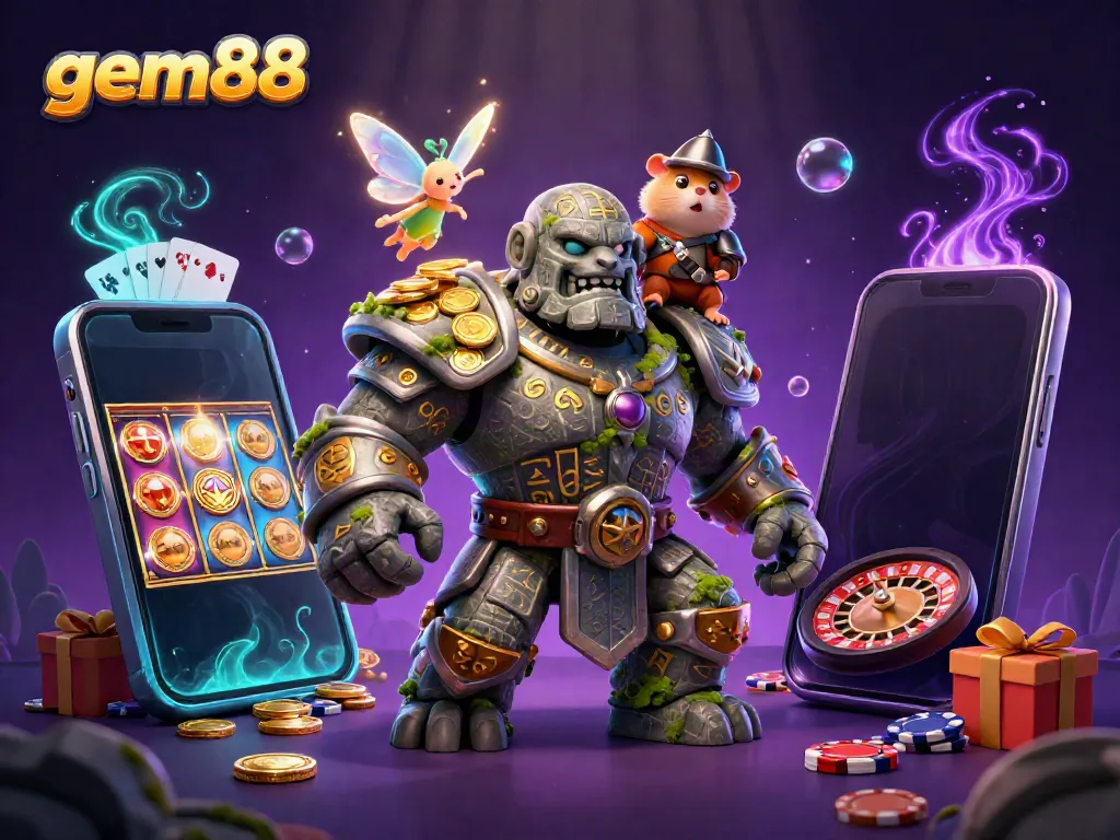Experience exciting wins and vibrant gaming with gem88's dynamic 3D casino scene featuring enchanting characters.