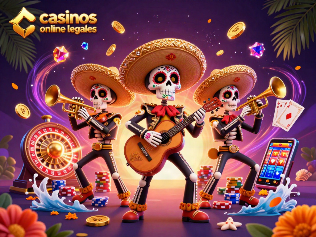 Explora los casinos online legales con una ilustración vibrante y festiva de la cultura mexicana.