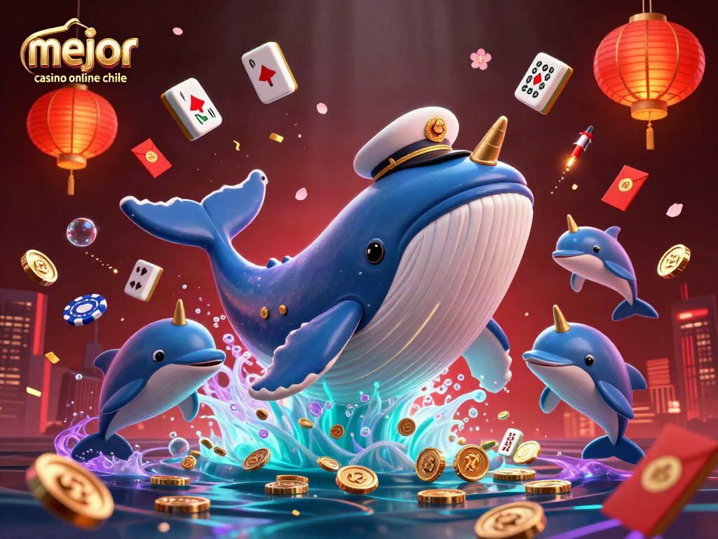 Mejor casino online Chile con una ballena gigante y delfines jugando con fichas de póker en un mar de monedas.