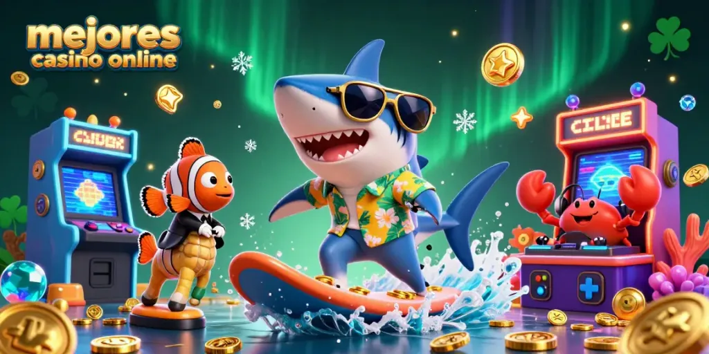 Los mejores casinos online ofrecen diversión con un tiburón jugador y un DJ ratón en una escena vibrante.