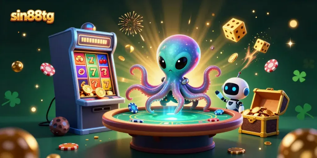 Experience thrilling gameplay with sin88tg in this vibrant 3D casino-themed scene filled with dynamic action.