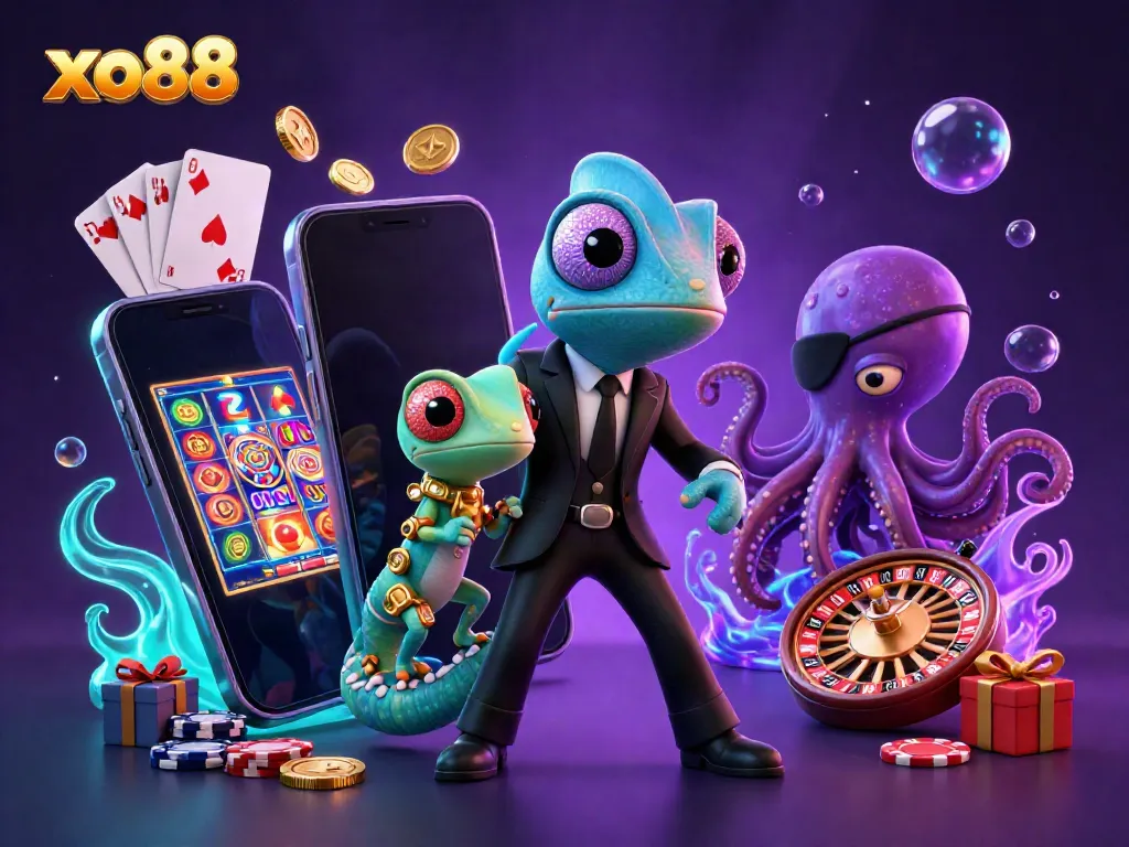 Experience the thrilling casino world of xo88 with vibrant game elements surrounding secret agent characters in a dynamic scene.