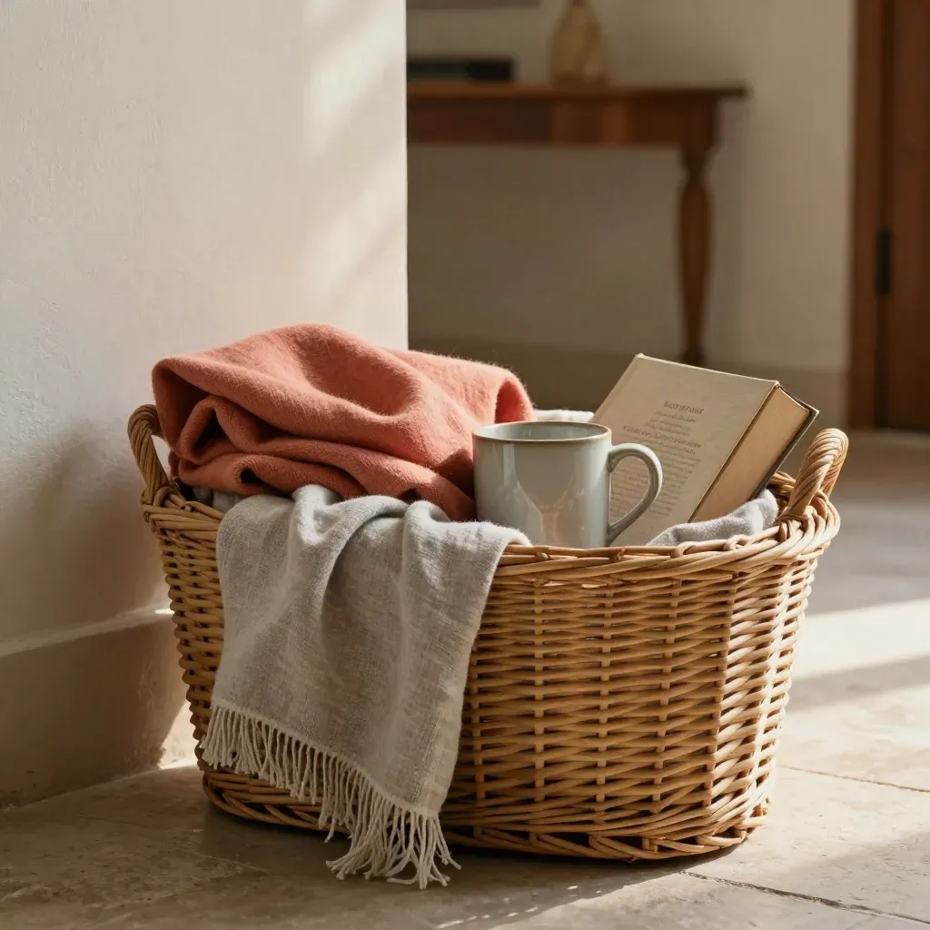 Cesta de regalo en un recibidor sereno con bufanda, taza, libro y caja pequeña.