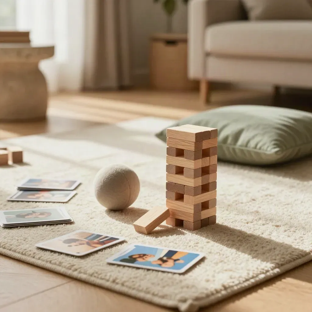 Bloques de madera caídos, pelota blanda, cartas y cojín sage sobre una alfombra en un salón.