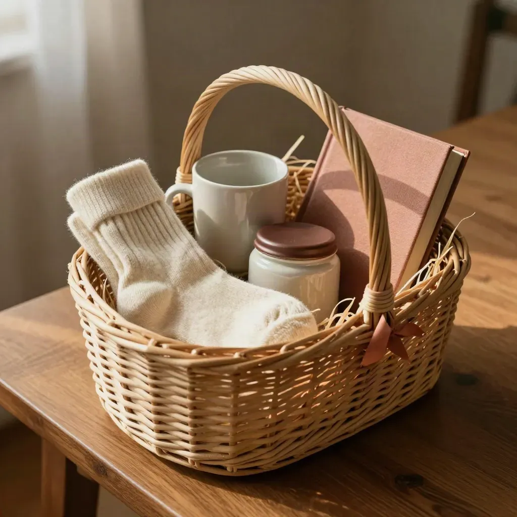 Cesta de regalo con calcetines de lana, taza, tarro y libro sobre mesa de madera, vista desde arriba.