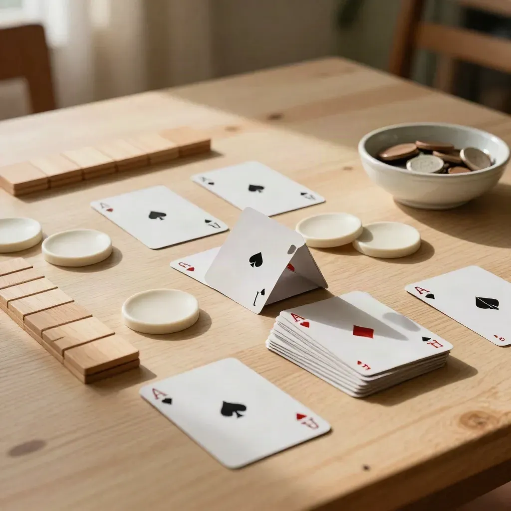 Cartas boca abajo, fichas de madera y cuenco crema sobre mesa de juego, vista cenital