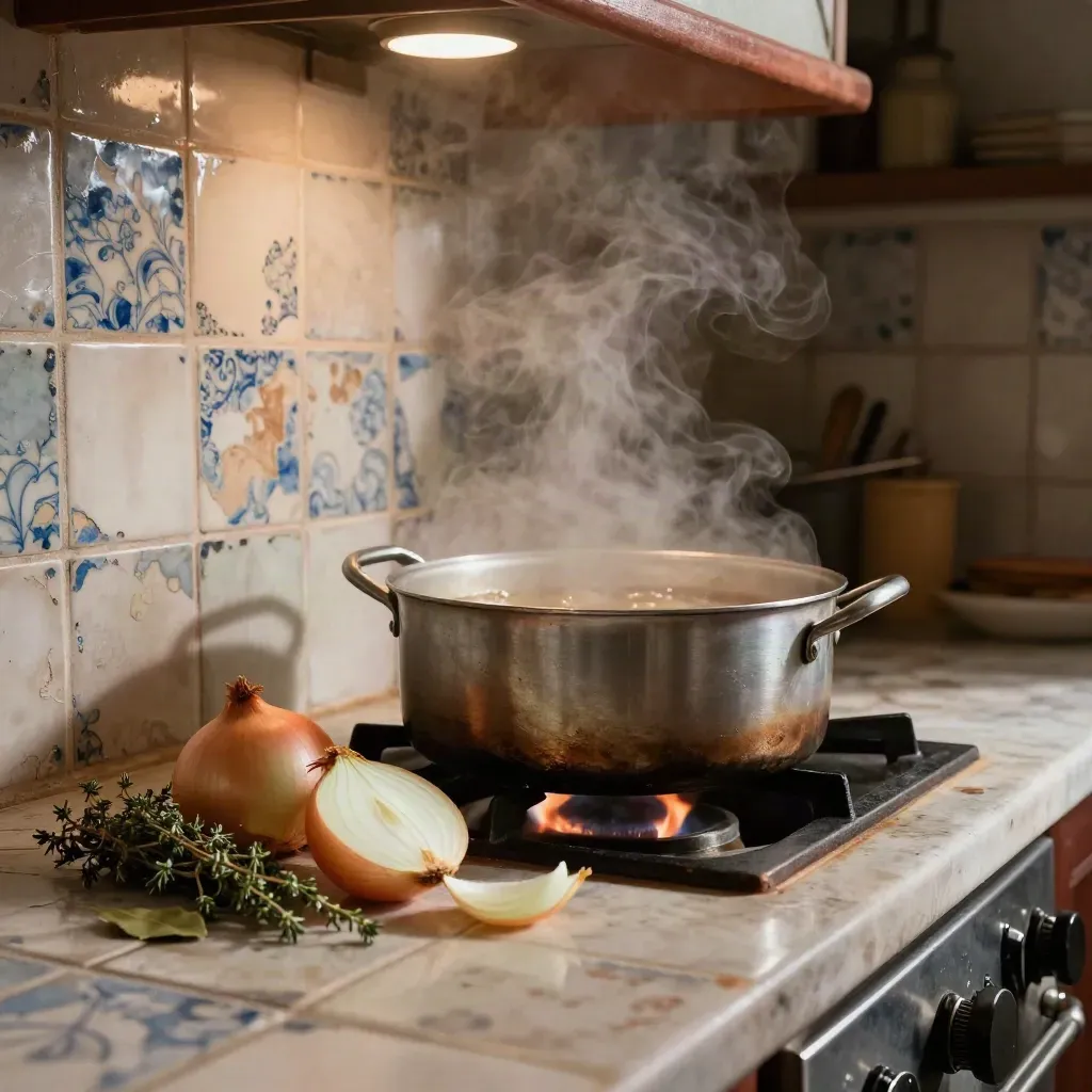 Cocina cálida con olla de guiso hirviendo, cazo, cebollas, hierbas y vapor entre azulejos antiguos.
