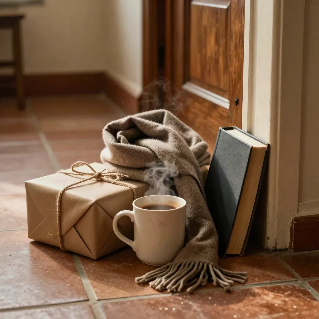 Regalo envuelto, taza robusta, bufanda de lana y libro cerrado junto a una puerta cálida.