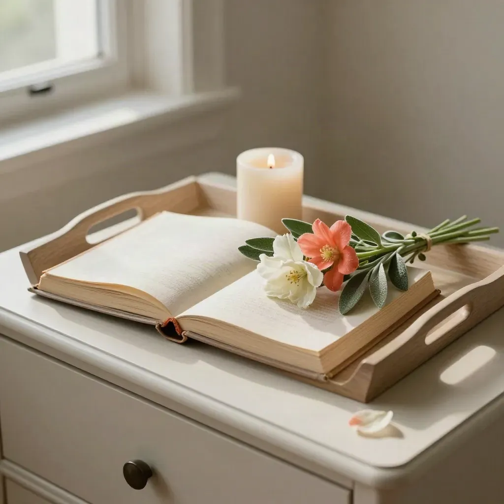Bandeja con álbum cerrado, vela crema y flores frescas sobre una cómoda clara junto a una ventana