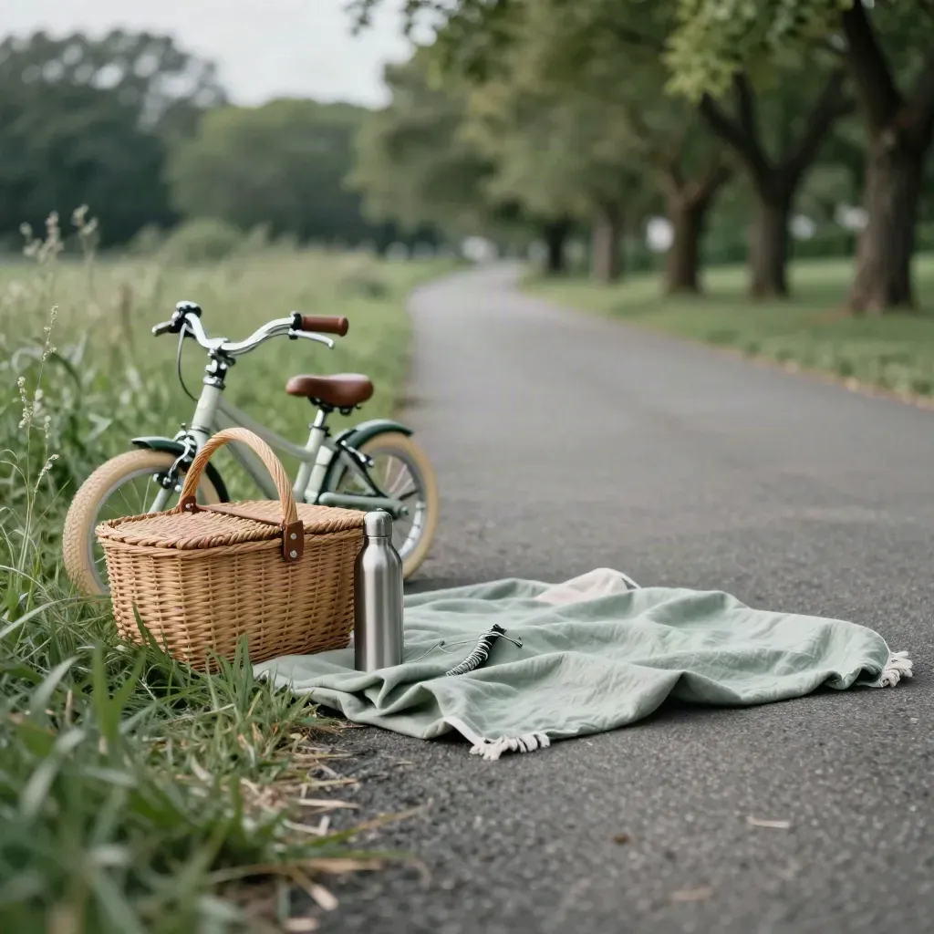 Cesta de picnic, manta y bicicleta infantil junto a un sendero de parque con brisa suave.