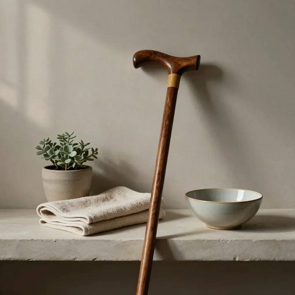 Bastón de madera, toalla doblada, planta y cuenco de porcelana en una repisa.