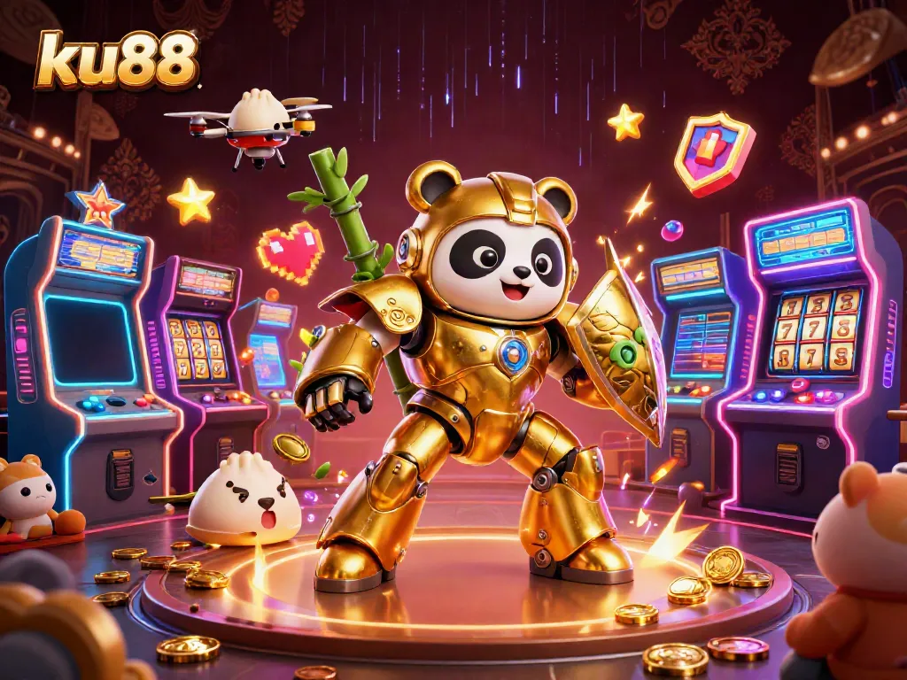 Join the action with ku88 as the golden panda battles in a vibrant 3D casino arena filled with excitement.