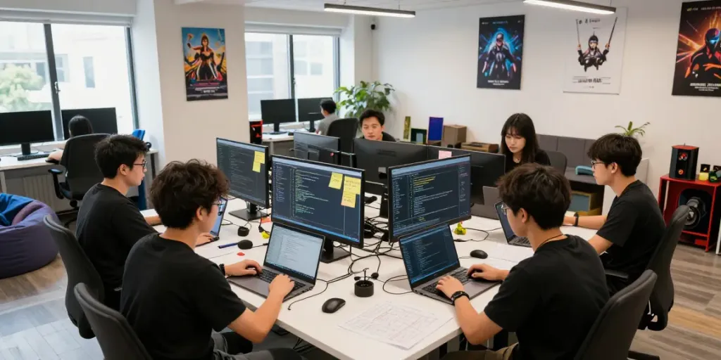Team of developers creating innovative gaming software, featuring ggsoft collaboration in bright office.