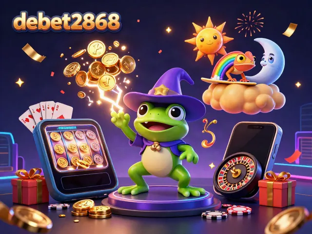 Experience thrilling gaming with debet2868, featuring a wizard frog, chameleon, coins, and dynamic casino elements.