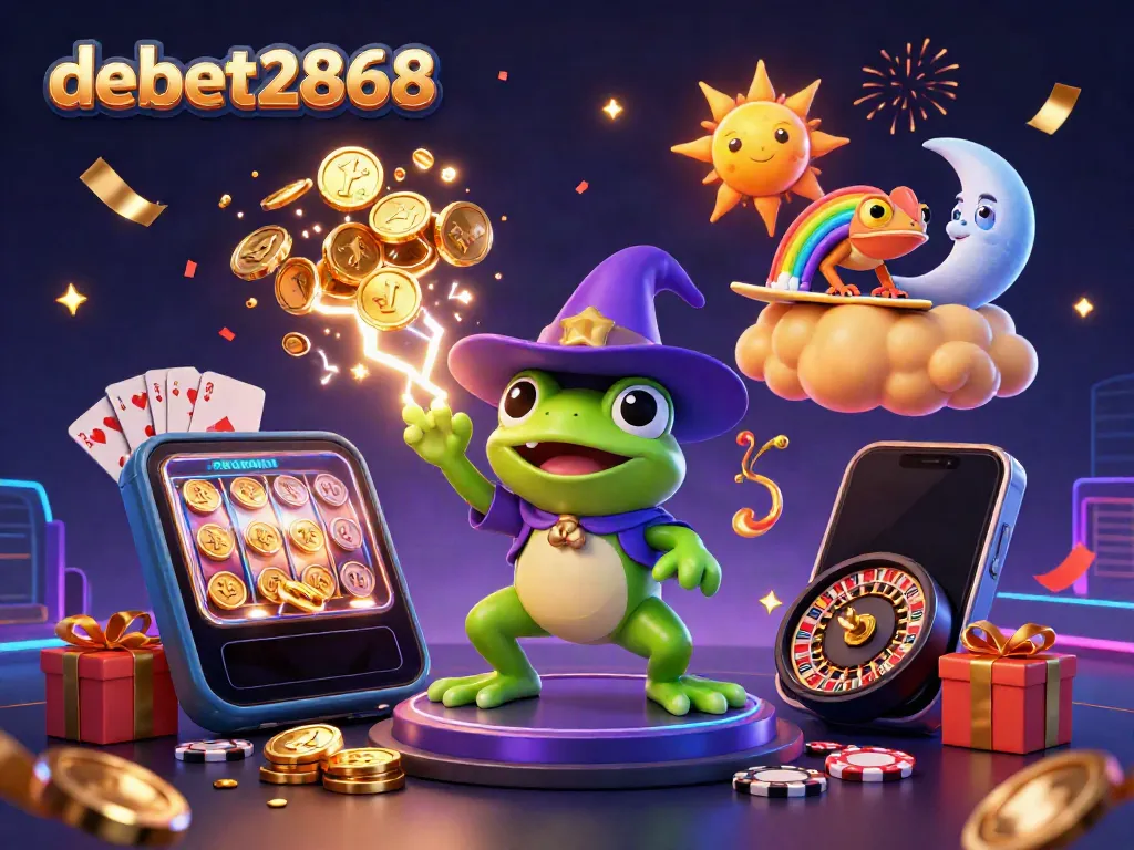 Experience thrilling gaming with debet2868, featuring a wizard frog, chameleon, coins, and dynamic casino elements.