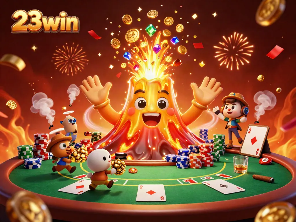 Experience the thrilling 23win jackpot explosion with a golden volcano and treasure-carrying animals in this detailed casino scene.