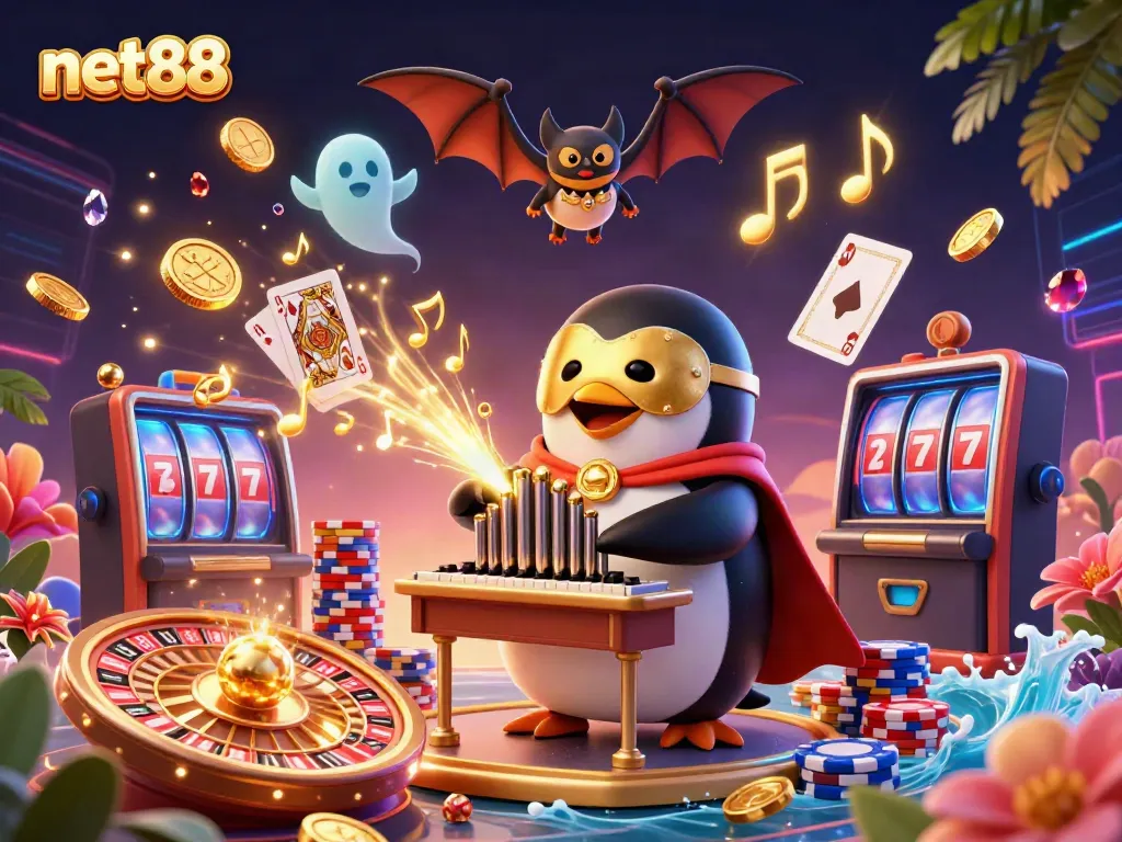 Experience thrilling gaming with net88 in this vibrant 3D casino scene featuring animated characters and dynamic visuals.