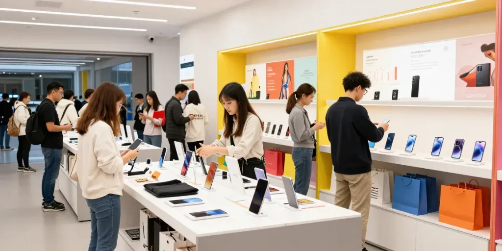 Shopping for Productos in a vibrant retail environment with diverse consumers exploring fashion and electronics.