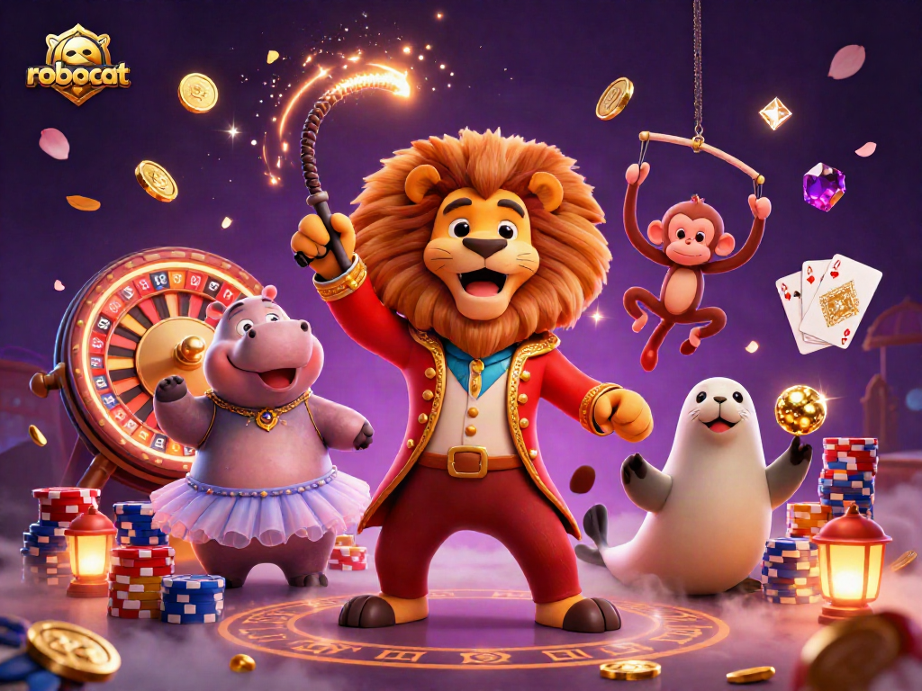 Experience lively gambling action with robocat characters surrounded by vibrant casino elements in stunning 3D.