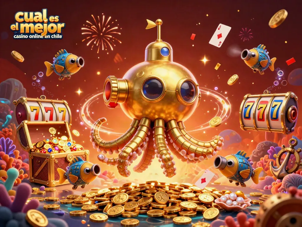 Ilustración de un kraken dorado en un mar de monedas, representando el mejor casino online en Chile.