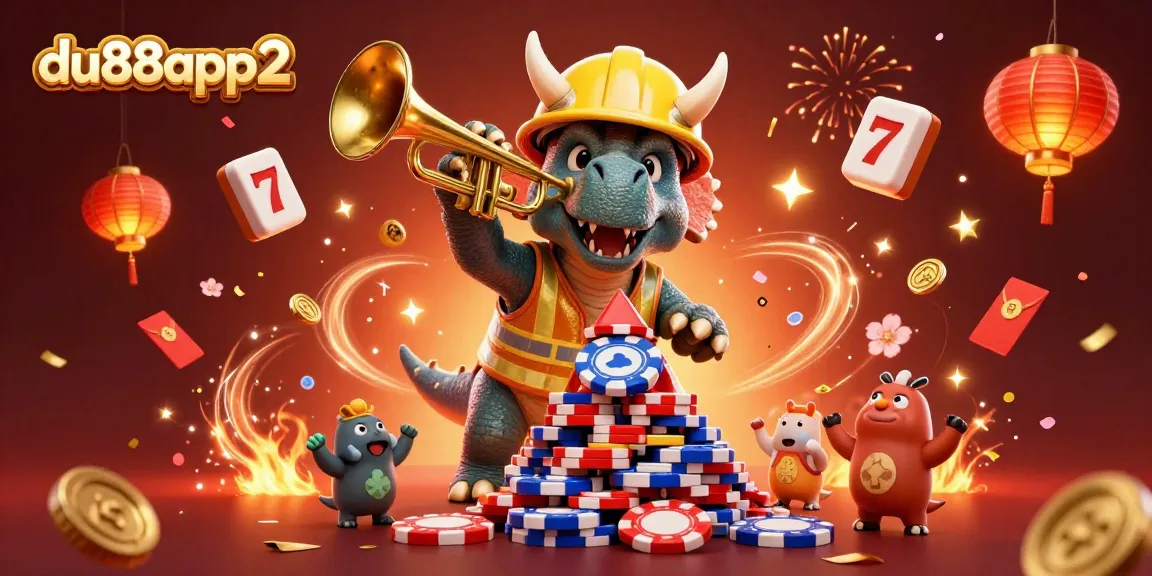 Join the celebration at du88app2 with a vibrant triceratops crafting poker chip pyramids amidst casino glamour.