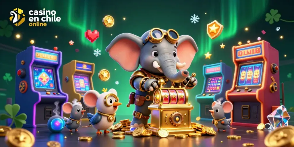 Gira el jackpot en un casino en chile online con un elefante ingeniero y una máquina tragamonedas dorada.