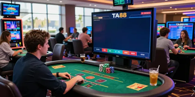 Exciting live betting scene at TA88 casino with players and digital interfaces.