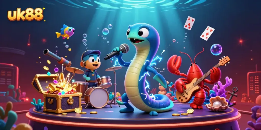 Experience uk88's dynamic underwater casino scene featuring an electrifying DJ performance with treasures.