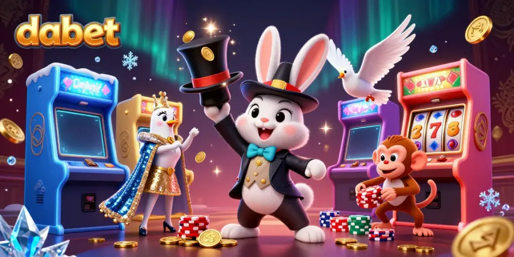 DABET illustration showcases a magic rabbit bringing golden coins, enhancing the online gambling experience.