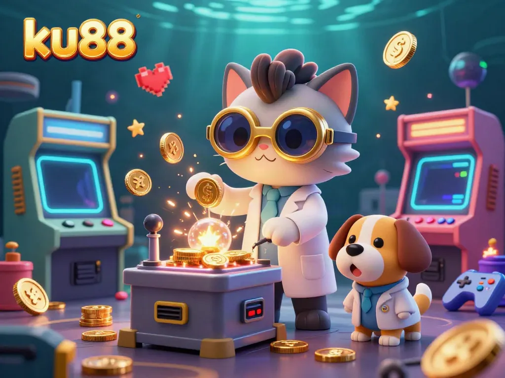 Experience thrilling casino adventures with ku88, featuring a playful mad scientist cat and dog creating golden delights.